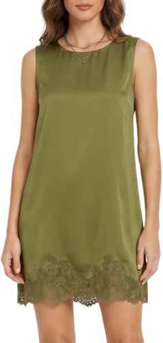 Xiaoliny Vestido Mujer Elegante Mini Vestidos de Satén con Encaje Sin Mangas Cuello Redondo Verano Casual Vestido Corto Holgado Cómodo Chic Delicado Vestido Recto Vintage para Fiesta Cocktail Bodas