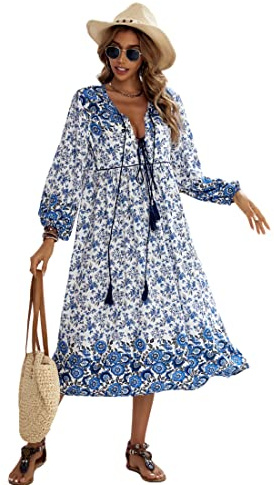 R.Vivimos Women's Long Sleeve Floral Print Retro V Neck Tassel Bohemian Midi Dresses (Small, WhiteBlue)