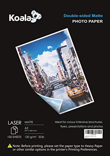 KOALA Double Sided Matte Laser Photo Paper A3, 120gsm, 100 Sheets. Suitable for Laser Printer, for Printing Photos, Brochures, Covers, Certificates, Booklets, Flyers, Leaflets, Cards, Calendars