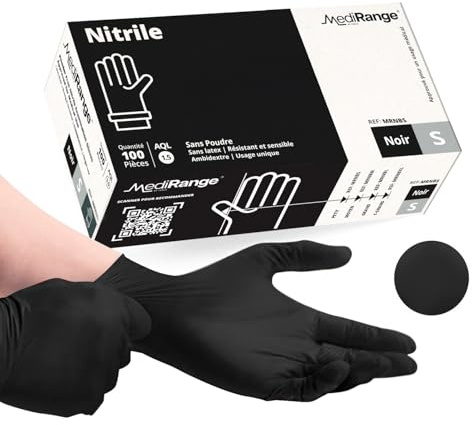 Farla Medical MediHands Disposable Small Nitrile Gloves - Powder Free and Latex Free Surgical Gloves - Multi-Purpose, Single Use Medical Gloves - Box of 100, Black