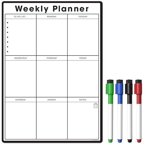 The Magnet Shop Magnetisk A3-veckoplanerare – Anpassningsbar whiteboard för att hantera uppgifter, att göra-listor, shopping, måltider. för hem, kontor, skola med 4 pennor (svart, A3)