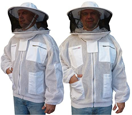 Round hat veil three layer ultra ventilated white beekeeping jacket professional bee jacket beekeeper beekeeping suit (Large)