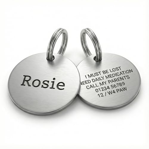 Personalised Dog ID Tag – Custom Engraved Silver Stainless Steel Pet Name Tag for Dogs & Cats, Double-Sided Deep Engraving, Durable & Stylish (Silver, Small: 20mm)