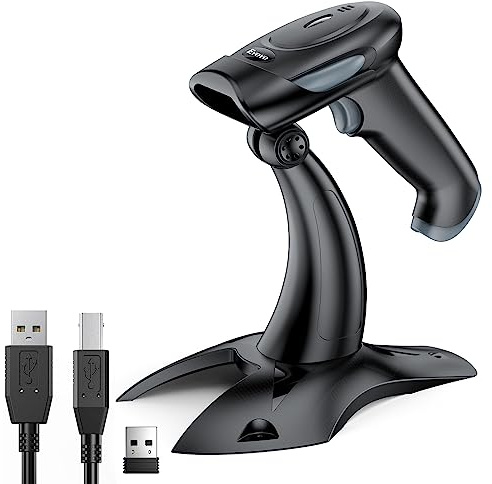 Eyoyo 2D Wireless Barcode Scanner with Stand, 2.4G Wireless & USB Wired, Cordless 2500mAh Rechargeable USB Handheld QR Bar Code Reader for PC Warehouse Inventory Management