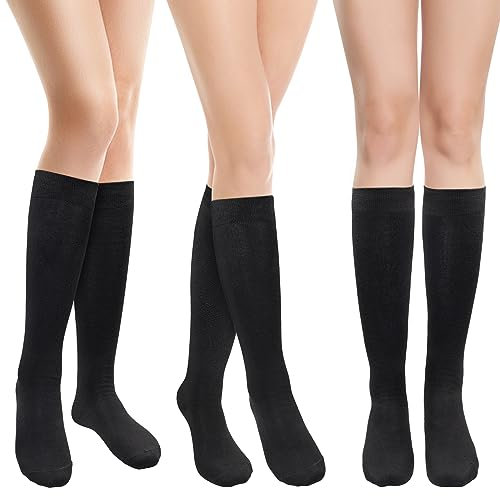 Kiiwah 3 Paires de Chaussettes Hautes en Coton pour Femmes, Chaussettes Hautes en Tricot pour Femmes(Noir)