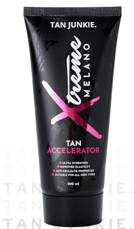 Tan Junkie Xtreme Melano Sonnenliegencreme – Luxuriöser Bräunungsbeschleuniger, Tiefenbräunungsverstärker mit Anti-Cellulite-Vorteilen, feuchtigkeitsspendende Sonnenliegenbräunungslotion mit Amethyst-
