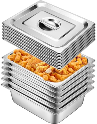 Hotel Pan With Lids 6 Pack 1/2 Size 4 Deep Stainless Steel Steam Table Pan, Commercial Food Pans for Catering Buffet Chafing Dish Pans Metal Steam Tray (1/2 Half Size x 4 Inch Deep, 6 Pack)
