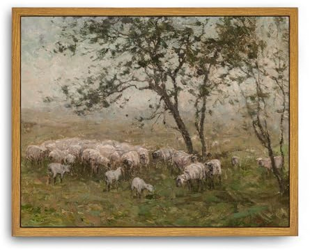Roslynity Framed Canvas Wall Art Vintage Print Oil Painting Sheep Farm Meadow Pasture Landscape Country Animal Retro Aesthetic Artwork for Home Living Room Bathroom Nursery Wall Decor (8x10)