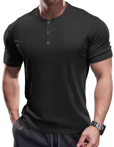 Muscle Cmdr Henley T-Shirt boutonné à Manches Courtes pour Homme Coupe ajustée Noirs M