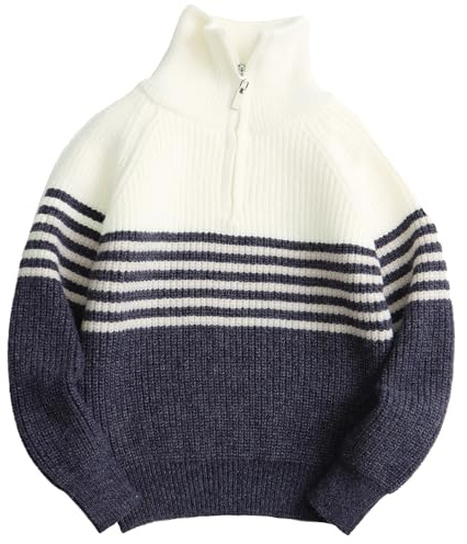 FEOYA Pulls pour Garçons Manches Longues Tricot Demi-Fermeture à Glissière Pullover Rayures Automne Hiver Vêtements Enfants Chaud Décontracté Top 5-12 Ans