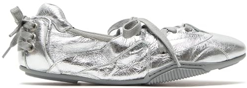 Arqa Lace-up Leather Casual Sneakers Comfortable Silver Ballet Flats Crafted in Leather Cracked Finish Decorative Lacing at The Back Tennis Walking Shoes Size 8.5