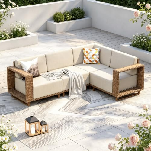 PHI VILLA Ensemble de meubles de jardin en rotin pour 4 meubles de jardin et terrasse - Canapé d'extérieur toutes saisons - Avec coussins blancs épais et design ergonomique