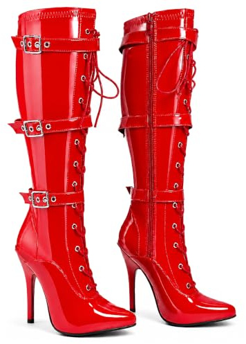 Golden Beads Women's High Heel Knee High Boots Lace Up Stiletto with 3 Buckles & Side Zip Edgy Punk Gothic Style Sexy Footwear UK 3-12