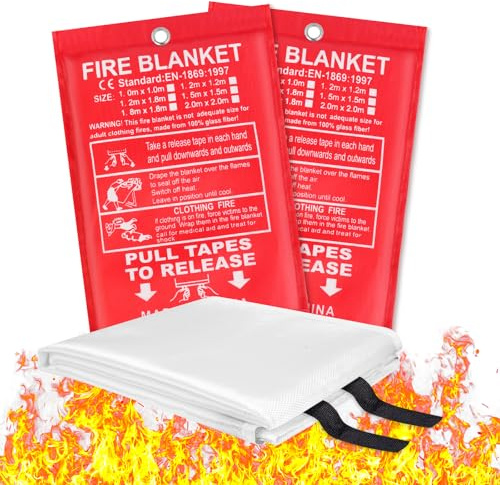 Flintronic Couverture Anti Feu, Lot de 2 couvertures Anti-feu pour la Maison et la Cuisine, Couverture d'incendie de Secours de Fibre de Verre, Protection Ignifuge et Isolation Thermique-1.5m*1.5m