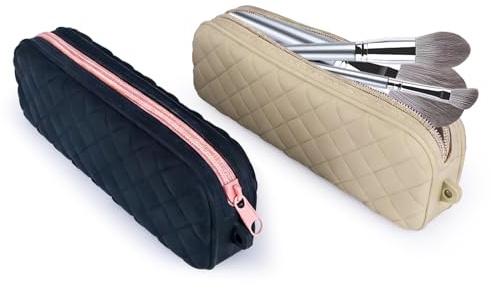 Plushly Lot de 2 porte-pinceaux de maquillage en silicone doux et portable avec fermeture éclair sécurisée, essentiels de voyage pour pinceaux, rouges à lèvres et crayons à sourcils, noir, kaki