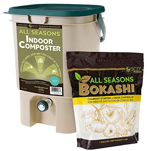 All Seasons Indoor Composter Starter Kit – 5 Gallon Tan Compost Bin For Kitchen Countertop With Lid, Spigot & 1 Gallon (2 lbs.) Bag Of Dry Bokashi Bran – by SCD Probiotics