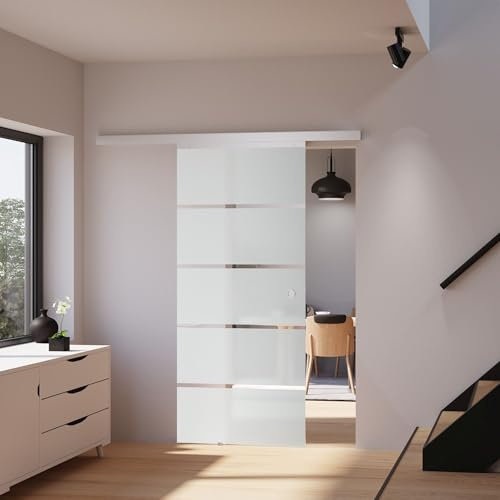 inova Schulte Porte coulissante intérieure en Verre, 90x203 cm, Verre de sécurité, Porte vitrée décor dépoli - poignée Cuvette Ronde + softclose