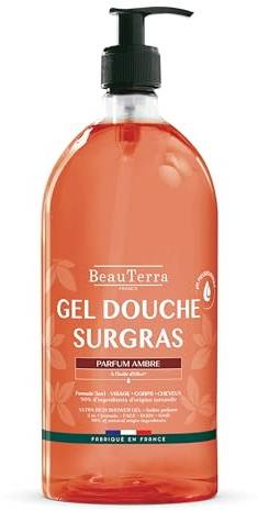 BeauTerra - Gel Douche Surgras 1L Ambre – Corps, Visage & Cheveux – Tous Types de Peaux - Tous Types de Peaux - Sans Savon – Glycérine - Huile d'Olive - Fabriqué en France