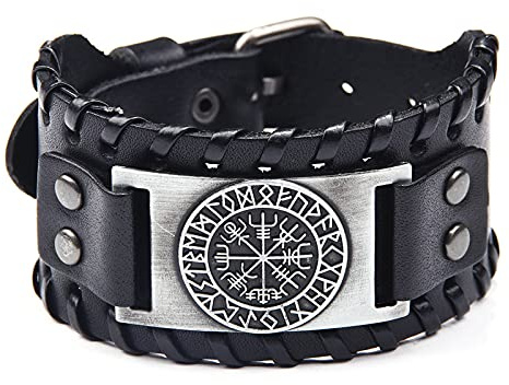 Bracciale in pelle nera vichinga con Vegvisir, rune nordiche, polsino in pelle, bracciale a fascia per uomo