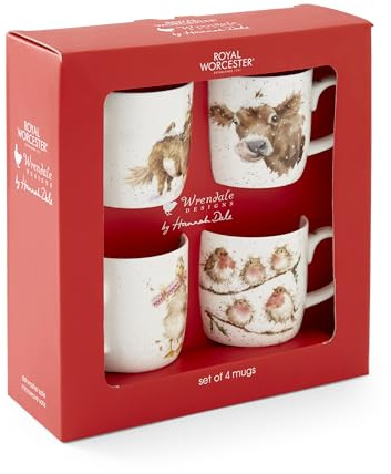 Wrendale Designs Set di 4 tazze in confezione regalo natalizia: una slitta aperta di cavallo (cavallo), primo assaggio di neve (mucca), Natale in famiglia (pettirossi) e cracker di Natale (anatra)