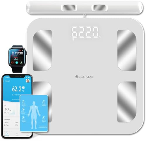 Silvergear® Personenwaage mit Handsensoren | Körperfettwaage mit App | Waage Digital mit Körperfett und Muskelmasse, BMI, Knochengewicht, BMR und Herzfrequenz | Körperanalysegerät mit Handgri