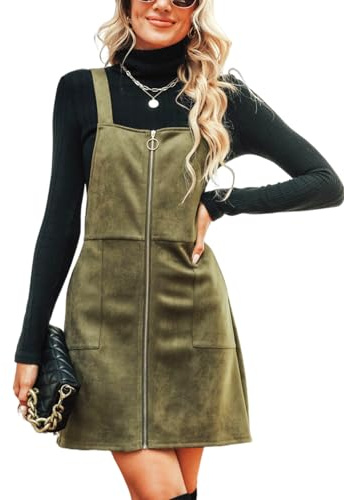 CUPSHE Women's Casual Faux Suede Mini Dresse Square Neck Pull-Ring Zipper Front Straps Autumn Warm Pinafore Tunic A-Line Dress Dark Green M