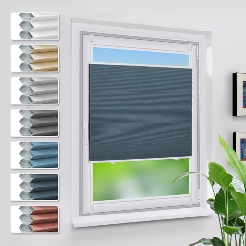 Grandekor Store plissé occultant en nid d'abeille, sans perçage, blanc/bleu, 40 x 130 cm (l x h), Klemmfix, sans perçage, occultant, thermique, isolation thermique, intimité et protection solaire