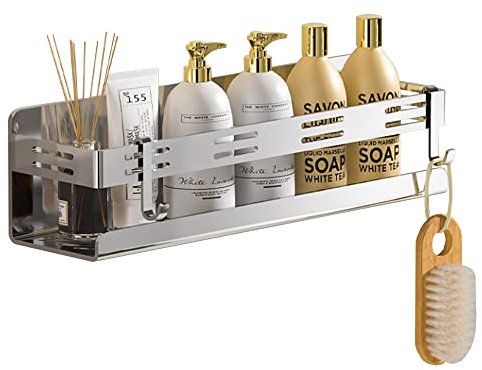 Celbon Organizador de ducha cromado de 20 cm, sin taladrar, autoadhesivo, de acero inoxidable, con 2 ganchos, organizador de cocina, accesorios para almacenamiento de baño y cocina