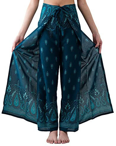 B Bangkok Pants Damen Boho-Palazzo-Hose mit weitem Bein, Yoga-Wickelband, Taille zum Binden, Bohemian Green, Einheitsgröße
