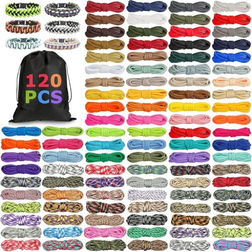 Riakrum 120 Pcs Paracord 550 10 Feet Multifunction Paracord Rope Parachute Cord with Drawstring Bag for Making Craft Lanyard Bracelets Dog Collar Keychain Gift Outdoor Camping(Bright Colors)