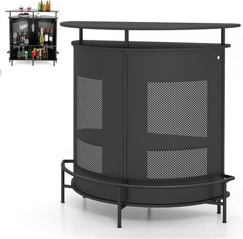 GiantexUK Liquor Bar Table, 4-Tier Wine Bar Cabinet with Storage Shelves, 3 Glass Holders, Metal Front, 6 Adjustable Feet & Footrest, Home Bar Furniture for Cafe Kitchen Bistro (Half Round)