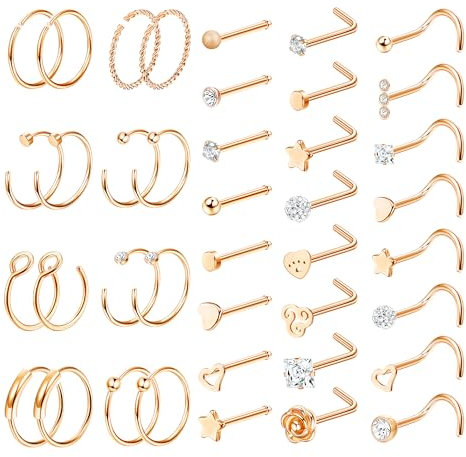 LOLIAS 23/40 Stück Nasenpiercing Set - 20G Silber Nasenring, L-förmige Gold Nasenstecker, Nostril Piercing Ring Mit CZ Schmuck für Damen Herren - Chirurgenstahl