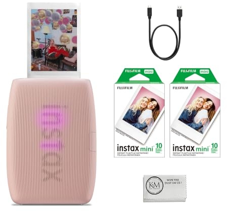 Fujifilm INSTAX Mini Link 3 Smartphone Printer | Rose Pink Bundled INSTAX Mini Instant Film | 20 Exposures + Microfiber Cleaning Cloth (3 Items)