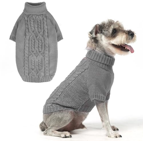EXPAWLORER Thermal Knitted Dog Sweater for Small Medium Large Dogs, Turtleneck Cable Knit Dog Cold Weather Clothes Sweatshirt Outfits for Winter, Pullover Pet Jumper for Puppy Cats, Grey L
