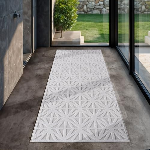 SIMPEX Indoor Outdoor Teppich wetterfest 80x150 cm, 3D Optik, Rauten Design, waschbar, wetterbeständiges, Natur Creme Farbe, Teppich Wohnzimmer, Terrasse, Läufer Teppich