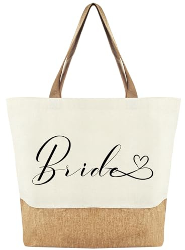 Tarklanda Bride Canvas Jute Tote Bag, Bridal Shower Wedding Bachelorette Bride Gifts Shoulder Bag, Shopping Bags for Wedding Day Engagement Proposal Hen Party Suitable for Travel Picnic Beach Holiday