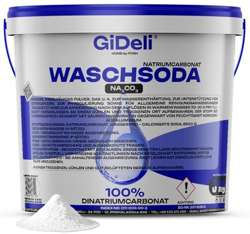 GiDeli Waschsoda 3kg - Soda i pulver för blekning och avfärgning - Rengöringsmedel för tvättmaskin och avloppsrengörare - Natriumkarbonat för vidbrända kastruller samt för rengöring av kakel