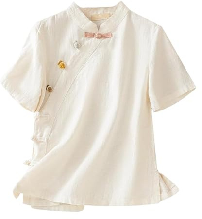 GHAKKE Haut Rétro En Coton Et Lin Style Chinois Pour Femme Chemises À Manches Courtes À Boutons Grenouille Faites Main Élégant Chemisier Traditionnel Hanfu(White,XL)