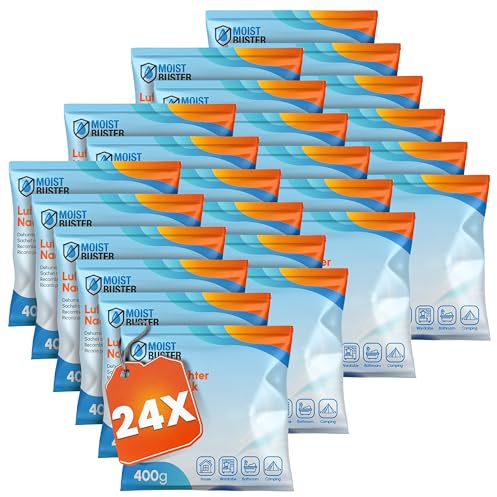 MoistBuster Set med 24 fyllmedel för luftfuktare - 24 x 400 g - Luftfuktargranulat - Skydd mot mögel och lukter