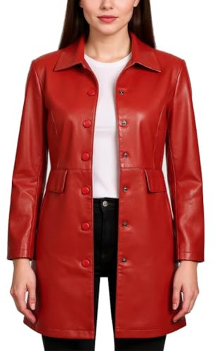 HotYou Femme Veste Longue en Simili Cuir Coupe Vent Manteau Hiver Blazer Manches Longues Trench avec Poches Boutons,Rouge,XL
