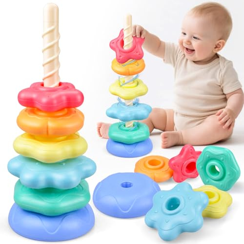 CREJOHY Stacking Toys Rainbow Stacking Ring Toys for 1-3 Year Old Rotating Stacking Tower for 1 2 3 Boys Girls Montessori Sensory Toys 6 Months+