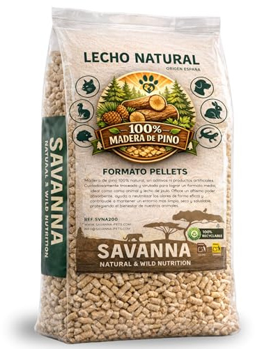 Savanna Lecho Natural para Conejos 10L | Cama de Mascotas Biodegradable súper Absorbente de Pellets de Madera de Pino | Neutralizador de Olores para Jaulas | Lecho Sanitario 100% Natural