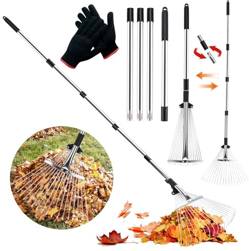 JOYBOY Rastrello da Giardino con 18 Denti in Metallo, Rastrello per Foglie 213cm con Testa Espandibile 20-40cm, Scopa da Giardino per Foglie Rastrello con Manico, per Cortile, Prato, Arbusti e Aiuole
