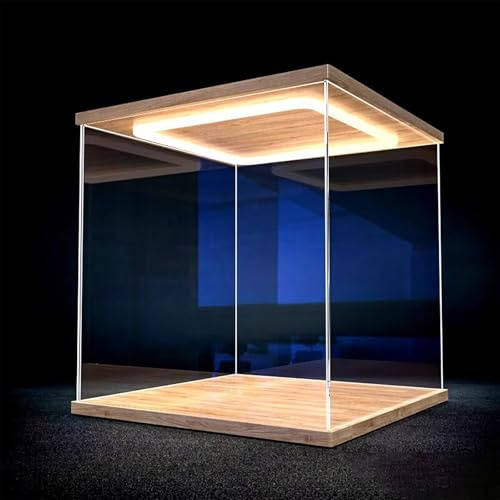 TPDRKOWJX akrylmonter, LED-ljus-akryllåda, liten fyrkantig rektangulär vitrinskåp, transparent med träbas, för minifigurer/bilar/modeller (50 x 50 cm (20 20 tum))(60 x 50 x 40 cm (24 x 20 x 16 tum))