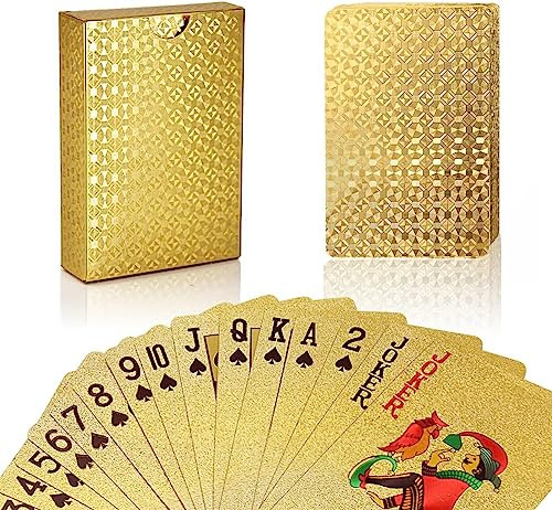 joyoldelf Jeux de Cartes, Jeu Carte en PVC Étanche Feuille d'or avec La Boîte-Cadeau, Jeu de Carte 54 Parfait pour La Fête et Le Jeu