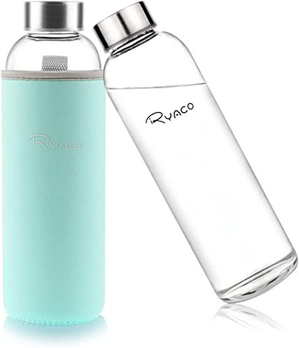 Ryaco Trinkflasche aus Glas 550ml/18oz,Glasflasche mit Neoprenhülle,Glastrinkflasche mit Schraubverschluss,Wasserflasche Glas für heiße kalte Getränke,spülmaschinenfest
