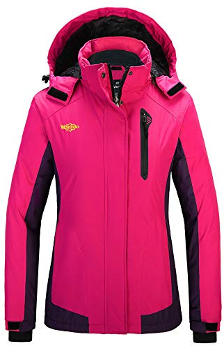 Wantdo Giacca da Sci Caldo Imbottita Invernale Parka da Neve Cappotto da Snowboard con Cappuccio Giubbotto da Viaggio a Vento Outdoor Donna Rosso Rosa e Viola Scuro L