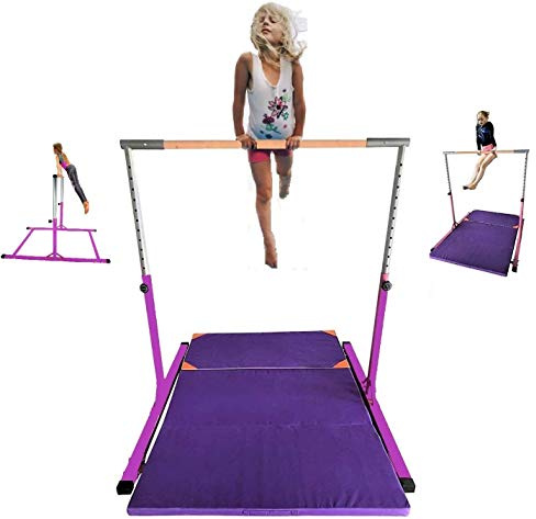 Kids Expandable Kip Bar with Tumble Mat Professional Pink Horizontal Gymnastics Asymmetric Bar 4x8 FT Mat Jungle Gym Height Adjustable 3 to 5 FT Purple Mat