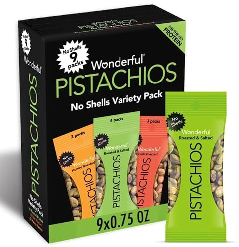 Wonderful Pistachios No Shells, 3 Flavors Mixed Variety Pack of 9 (0.75 Ounce), Roasted & Salted Nuts (4), Chili (3), Honey (2), Protein Snacks, Gluten Free, Healthy Snacks Variety Pack for Adults