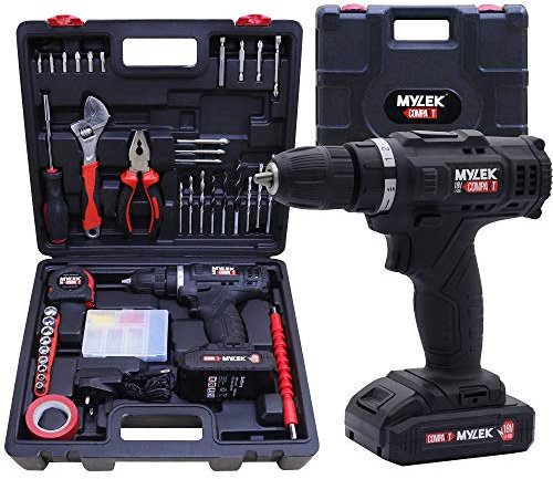 MYLEK Cordless Drill Set 18v Electric Driver DIY Combi Screwdriver Tool Kit, 1500mAh Li-Ion Battery, Variable Speed, LED Light, Lightweight Design, 90 Piece Accessory and Carry Case